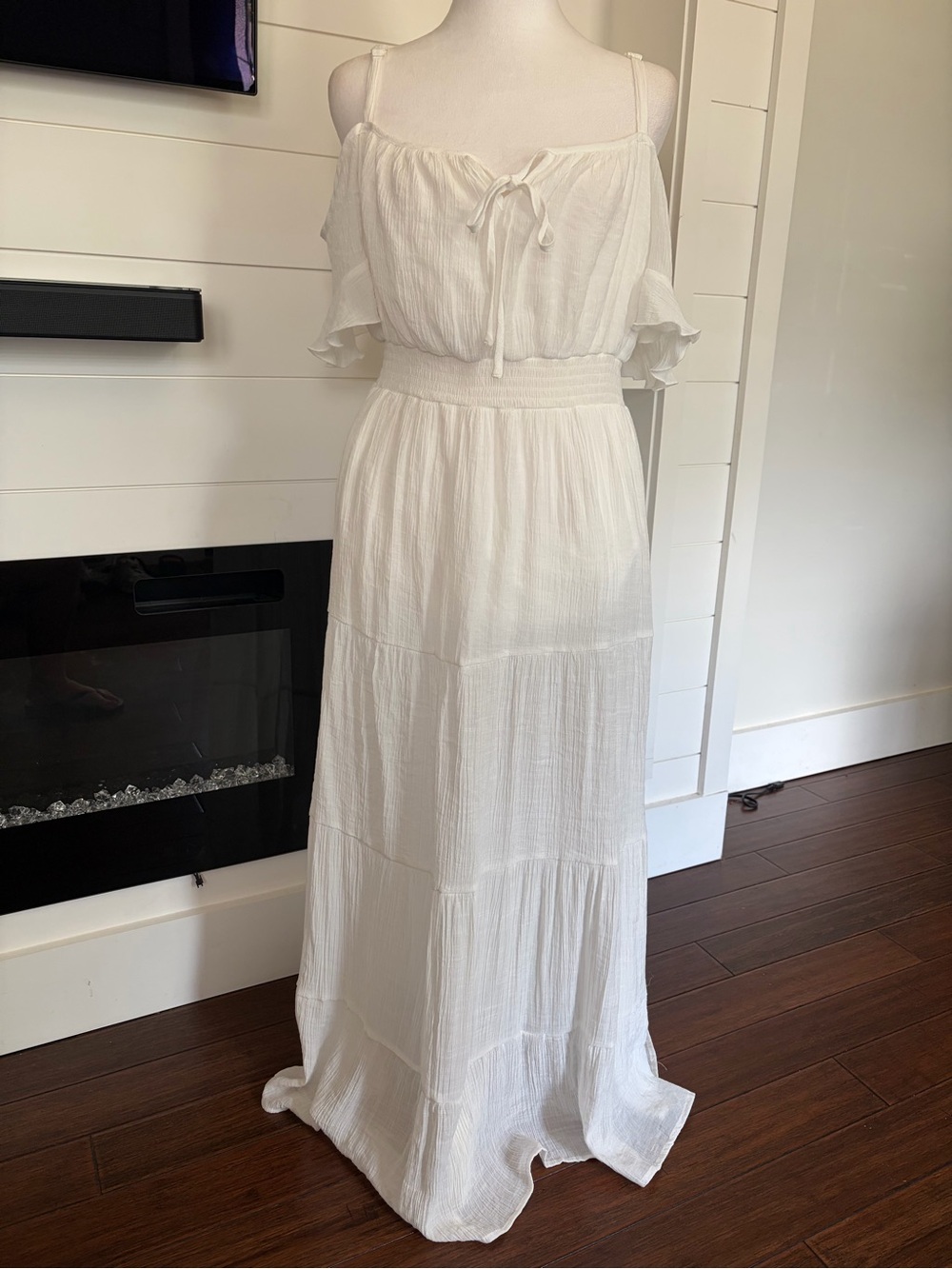 White Off-Shoulder Maxi Dress with Smocked Waist